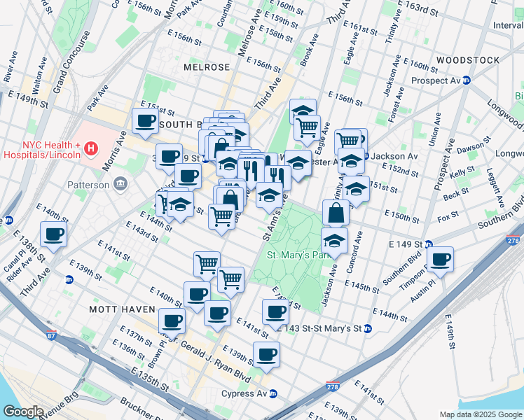 map of restaurants, bars, coffee shops, grocery stores, and more near 51945 Saint Ann's Avenue in Bronx