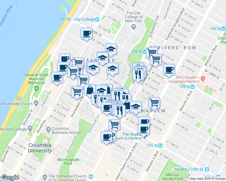 map of restaurants, bars, coffee shops, grocery stores, and more near 35 Saint Nicholas Terrace in New York