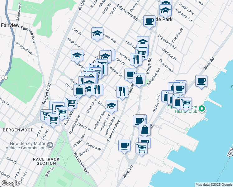 map of restaurants, bars, coffee shops, grocery stores, and more near 235 Washington Place in Cliffside Park