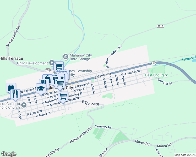 map of restaurants, bars, coffee shops, grocery stores, and more near 600 East Centre Street in Mahanoy City