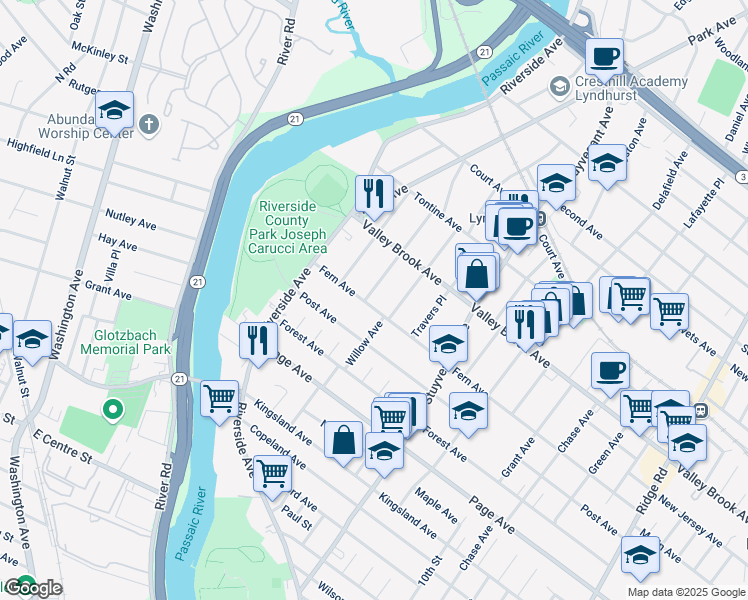 map of restaurants, bars, coffee shops, grocery stores, and more near 167 Fern Avenue in Lyndhurst