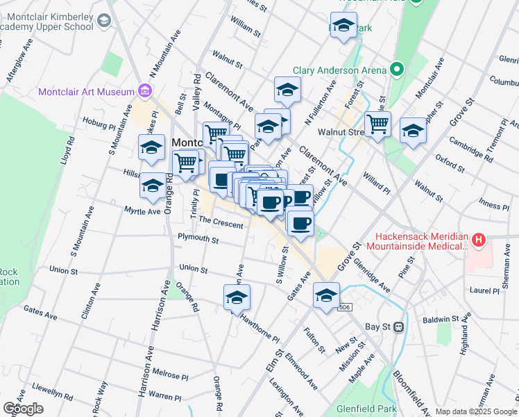 map of restaurants, bars, coffee shops, grocery stores, and more near Bloomfield Avenue & Glenridge Avenue in Montclair
