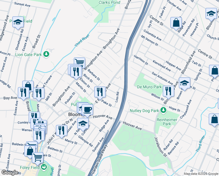 map of restaurants, bars, coffee shops, grocery stores, and more near 32 Craig Place in Nutley