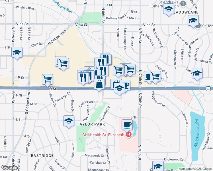 map of restaurants, bars, coffee shops, grocery stores, and more near 6798 O Street in Lincoln