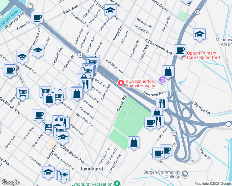 map of restaurants, bars, coffee shops, grocery stores, and more near 723 6th Avenue in Lyndhurst