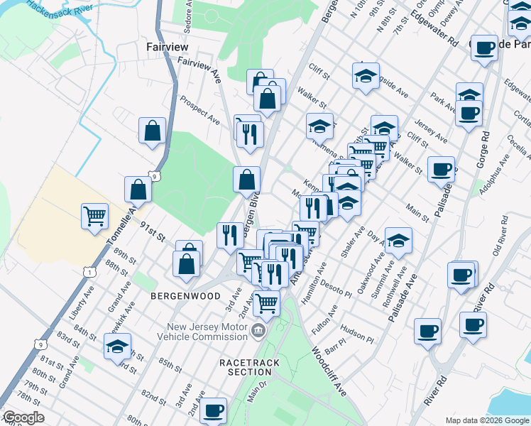 map of restaurants, bars, coffee shops, grocery stores, and more near 447 Fairview Avenue in Fairview