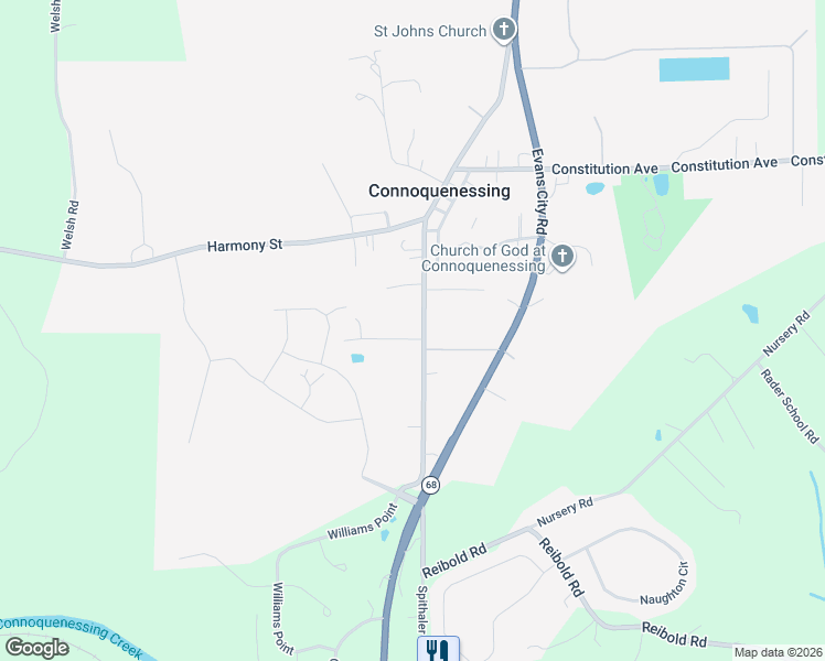 map of restaurants, bars, coffee shops, grocery stores, and more near 107 Leslie Lane in Evans City