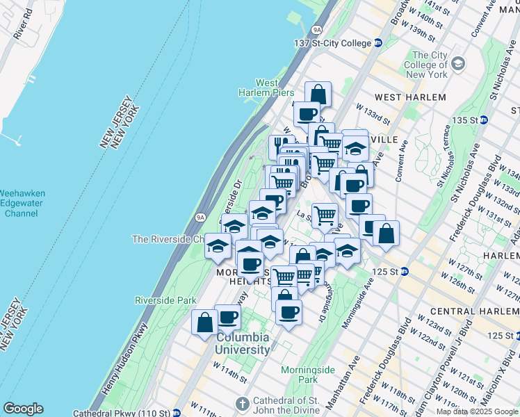 map of restaurants, bars, coffee shops, grocery stores, and more near 500 Riverside Drive in New York
