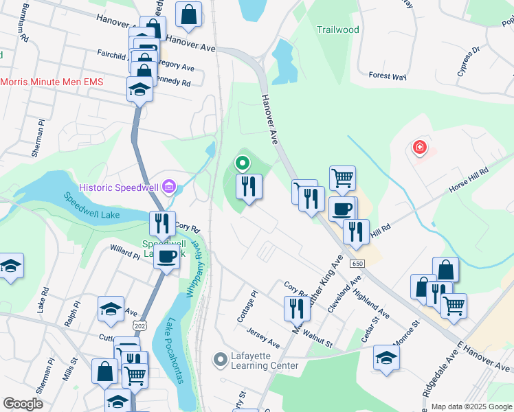 map of restaurants, bars, coffee shops, grocery stores, and more near Gerhard Place in Morristown