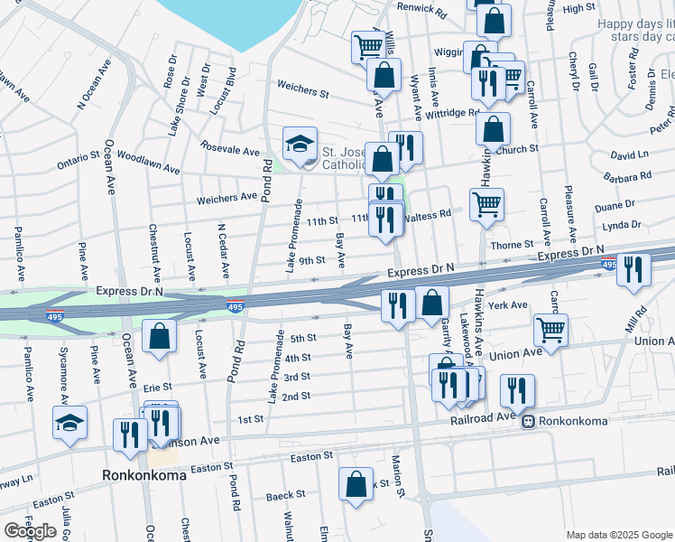 map of restaurants, bars, coffee shops, grocery stores, and more near 48 Bay Avenue in Lake Ronkonkoma