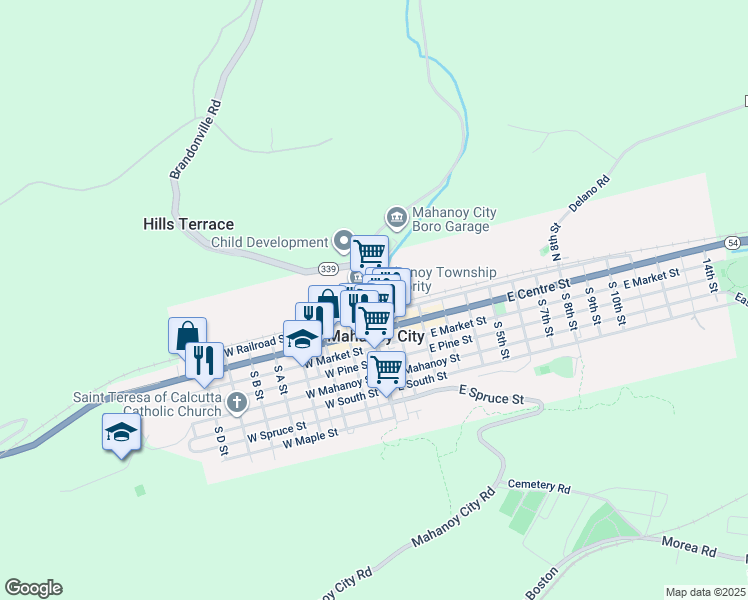 map of restaurants, bars, coffee shops, grocery stores, and more near 23 North Main Street in Mahanoy City