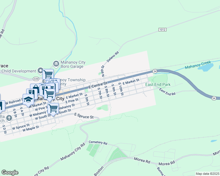 map of restaurants, bars, coffee shops, grocery stores, and more near 820 East Market Street in Mahanoy City