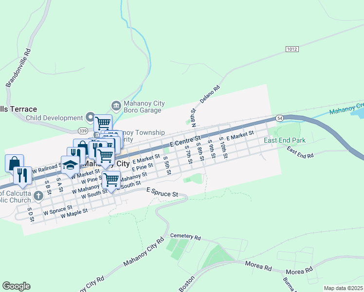 map of restaurants, bars, coffee shops, grocery stores, and more near 622 East Centre Street in Mahanoy City