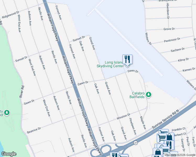 map of restaurants, bars, coffee shops, grocery stores, and more near 83 Dawn Drive in Shirley