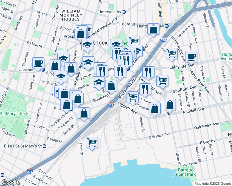 map of restaurants, bars, coffee shops, grocery stores, and more near 719 Bruckner Boulevard in Bronx