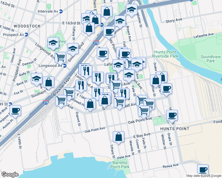 map of restaurants, bars, coffee shops, grocery stores, and more near 660 Casanova Street in The Bronx