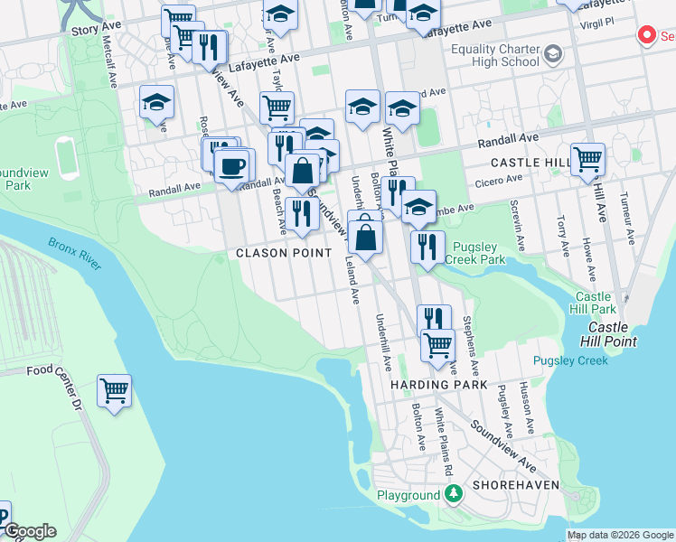 map of restaurants, bars, coffee shops, grocery stores, and more near 410 Thieriot Avenue in Bronx