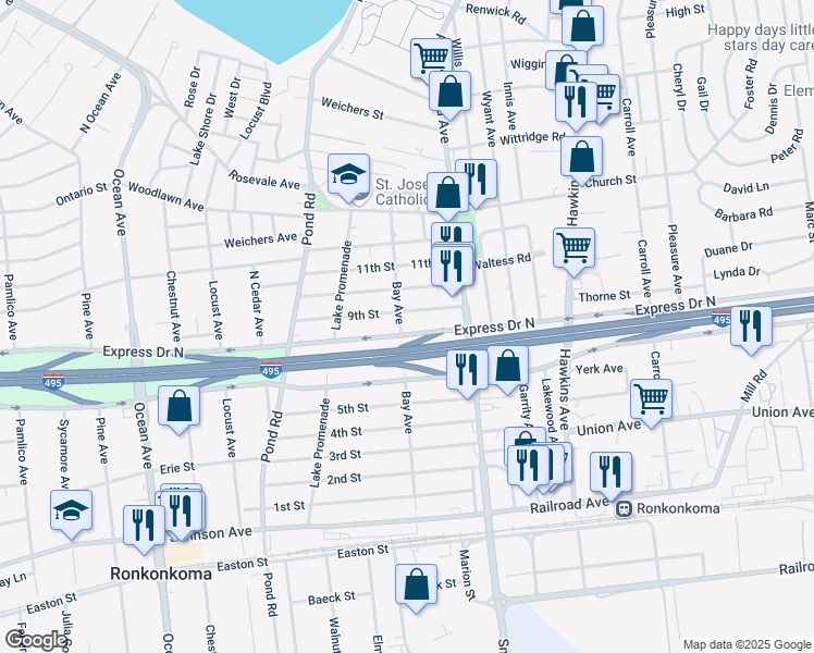 map of restaurants, bars, coffee shops, grocery stores, and more near 45 Bay Avenue in Ronkonkoma