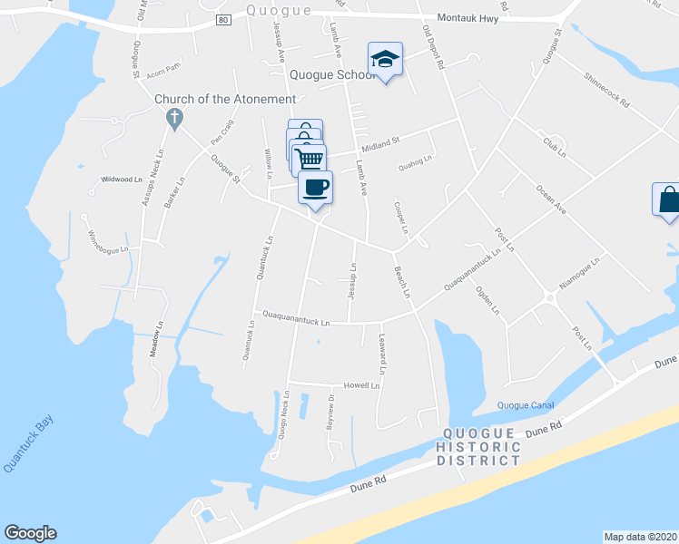 map of restaurants, bars, coffee shops, grocery stores, and more near 5 Jessup Lane in Westhampton Beach