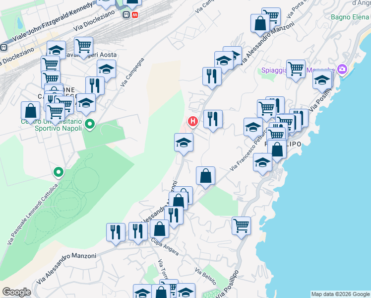 map of restaurants, bars, coffee shops, grocery stores, and more near 228 Via Alessandro Manzoni in Naples