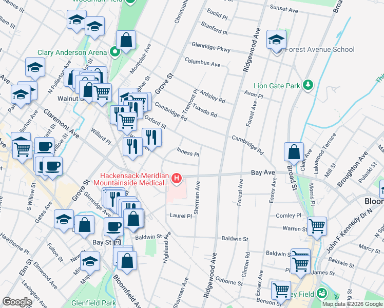 map of restaurants, bars, coffee shops, grocery stores, and more near 2 Inness Place in Glen Ridge