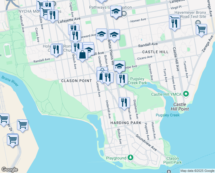 map of restaurants, bars, coffee shops, grocery stores, and more near 408 Soundview Avenue in The Bronx