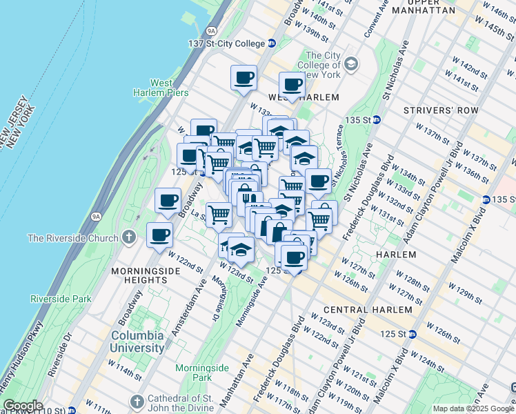 map of restaurants, bars, coffee shops, grocery stores, and more near 429 West 127th Street in New York