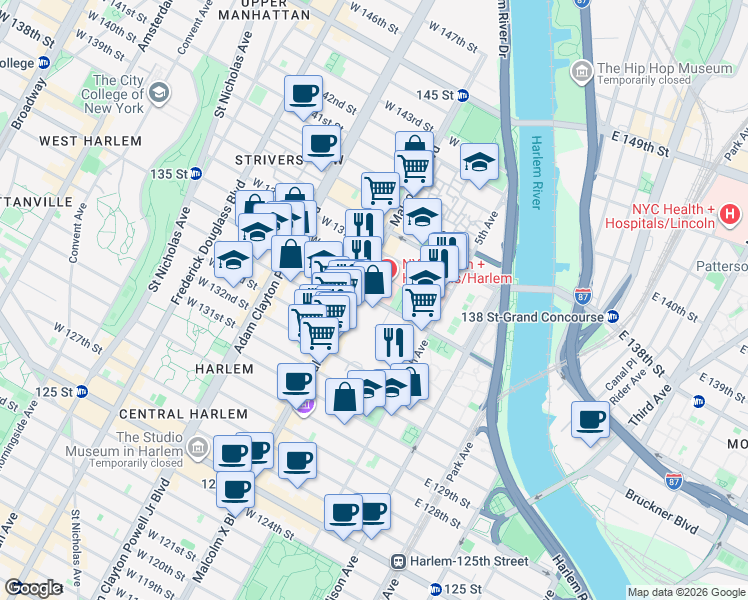 map of restaurants, bars, coffee shops, grocery stores, and more near 50 West 135th Street in New York