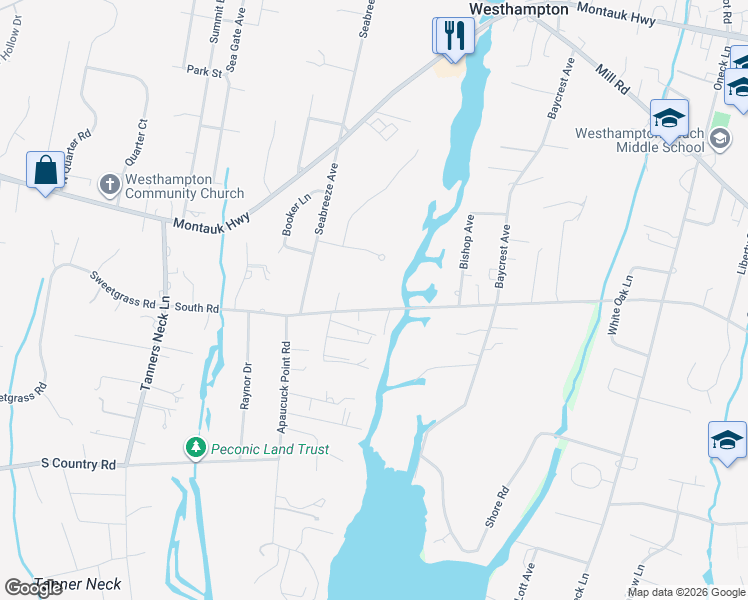map of restaurants, bars, coffee shops, grocery stores, and more near 136 South Road in Westhampton