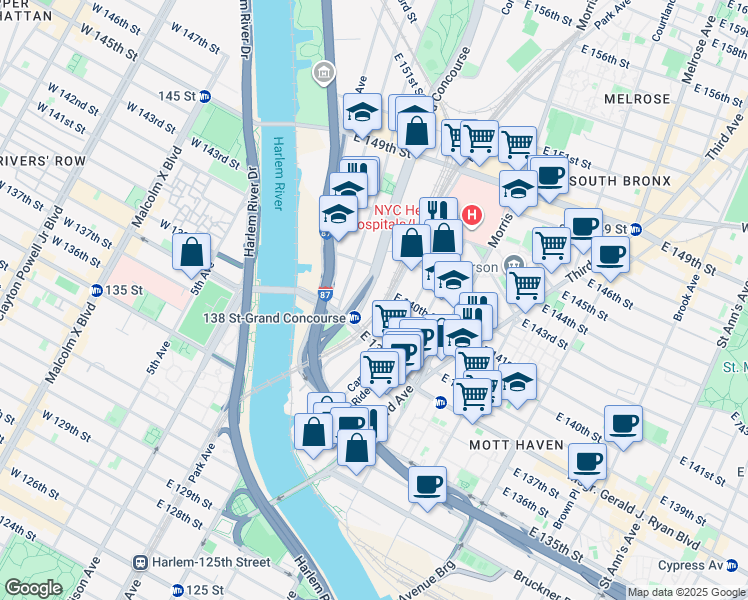map of restaurants, bars, coffee shops, grocery stores, and more near 250 Grand Concourse in The Bronx