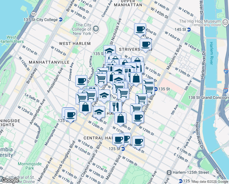 map of restaurants, bars, coffee shops, grocery stores, and more near 237 West 131st Street in New York