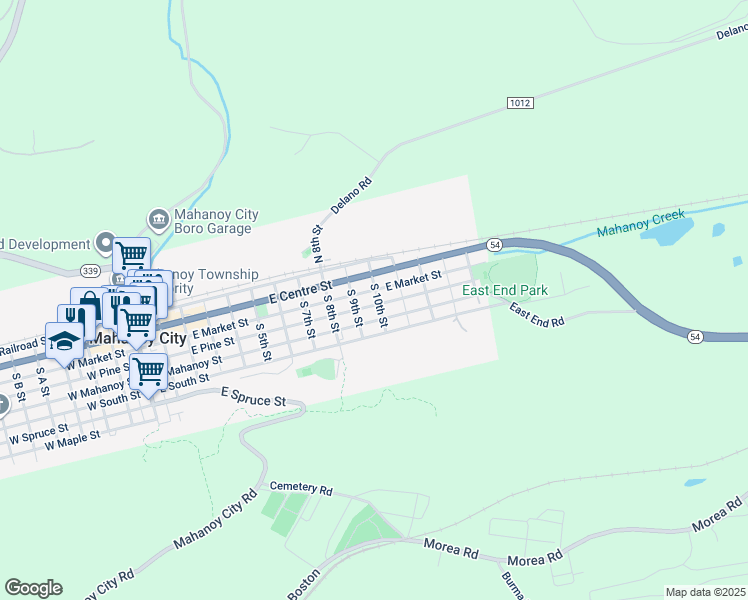 map of restaurants, bars, coffee shops, grocery stores, and more near 38 South 10th Street in Mahanoy City