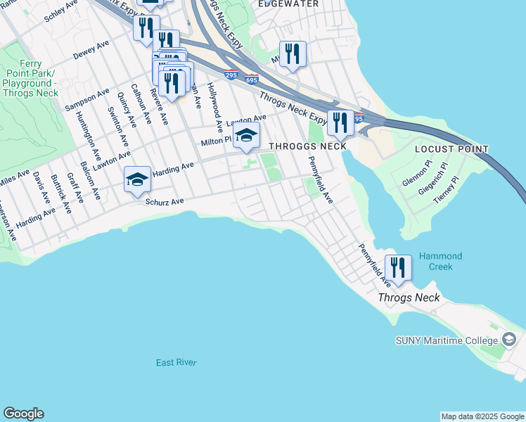 map of restaurants, bars, coffee shops, grocery stores, and more near 70 Sunset Trail in Bronx