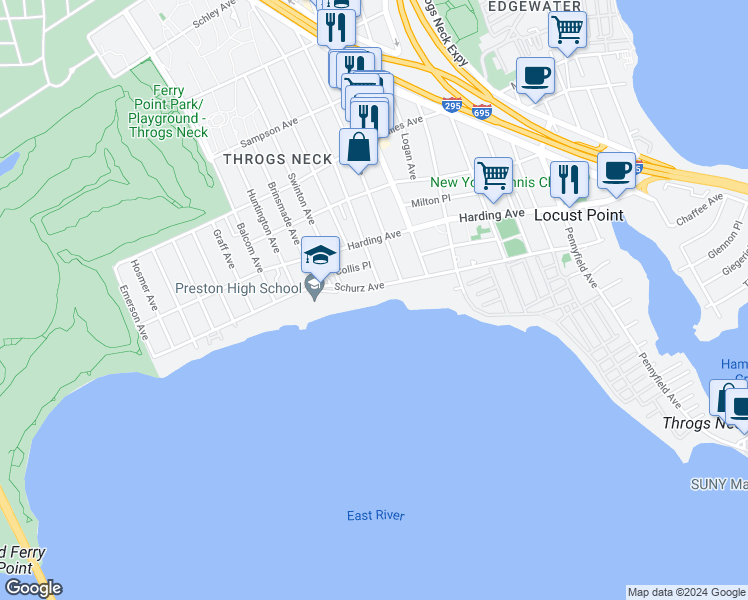 map of restaurants, bars, coffee shops, grocery stores, and more near 2824 Schurz Avenue in The Bronx