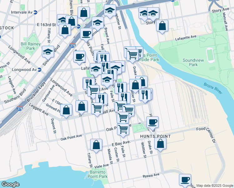 map of restaurants, bars, coffee shops, grocery stores, and more near 643 Bryant Avenue in Bronx
