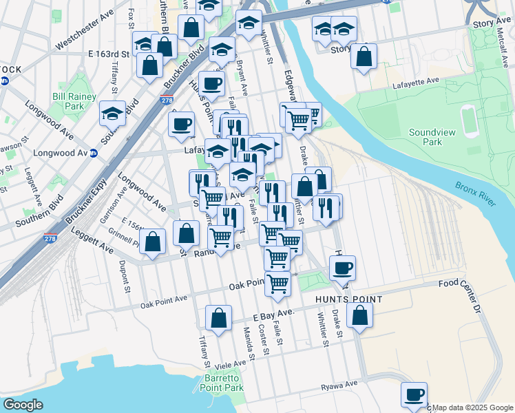 map of restaurants, bars, coffee shops, grocery stores, and more near 643 Bryant Avenue in Bronx