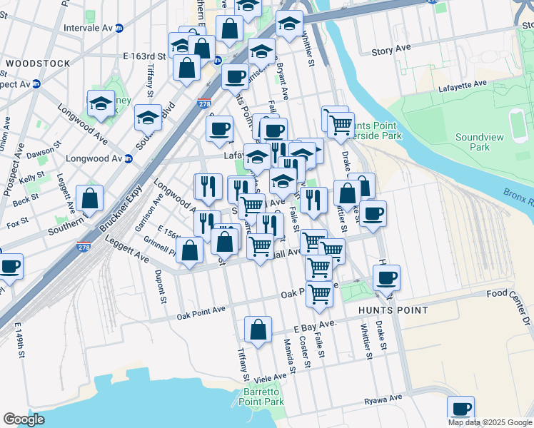 map of restaurants, bars, coffee shops, grocery stores, and more near 640 Barretto Street in The Bronx