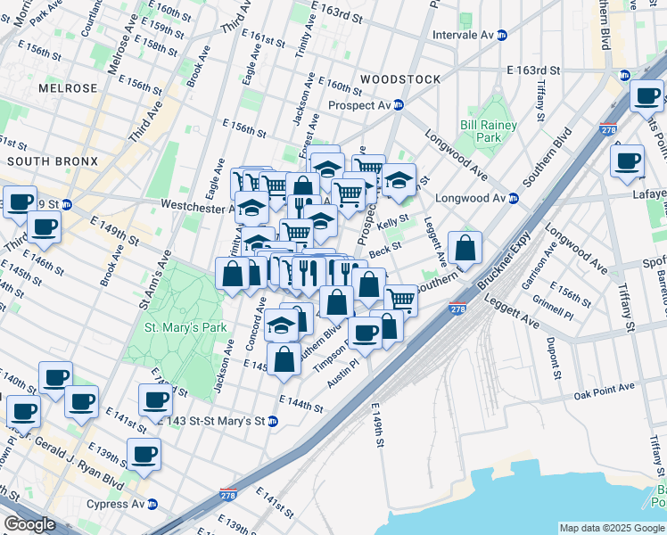 map of restaurants, bars, coffee shops, grocery stores, and more near 586 Union Avenue in Bronx