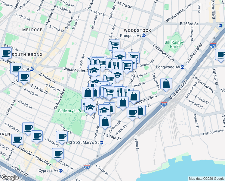map of restaurants, bars, coffee shops, grocery stores, and more near 799 East 150th Street in Bronx