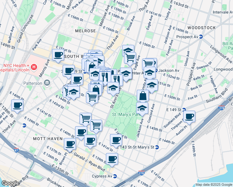 map of restaurants, bars, coffee shops, grocery stores, and more near 51945 Saint Ann's Avenue in Bronx