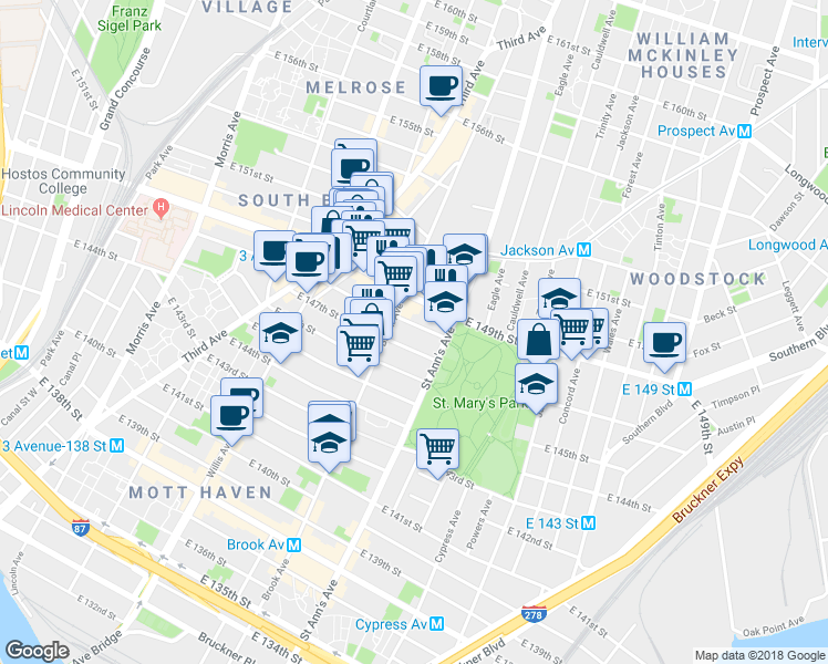 map of restaurants, bars, coffee shops, grocery stores, and more near 51945 Saint Ann's Avenue in Bronx
