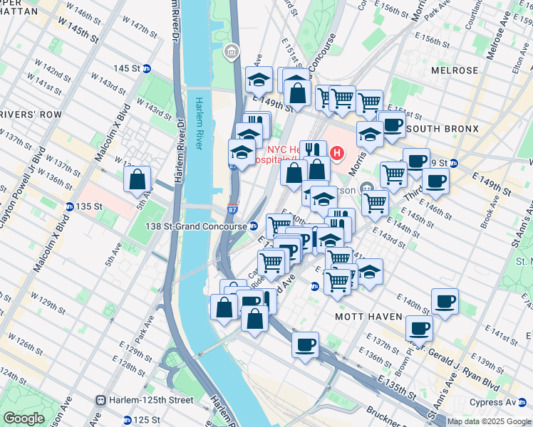 map of restaurants, bars, coffee shops, grocery stores, and more near 250 Grand Concourse in The Bronx