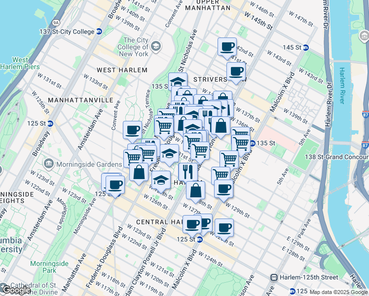 map of restaurants, bars, coffee shops, grocery stores, and more near 237 West 131st Street in New York