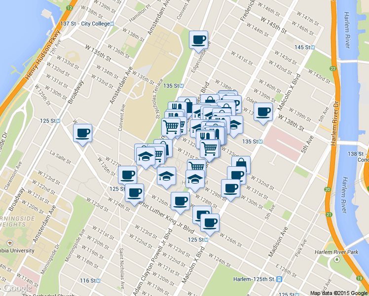 map of restaurants, bars, coffee shops, grocery stores, and more near 237 West 131st Street in New York