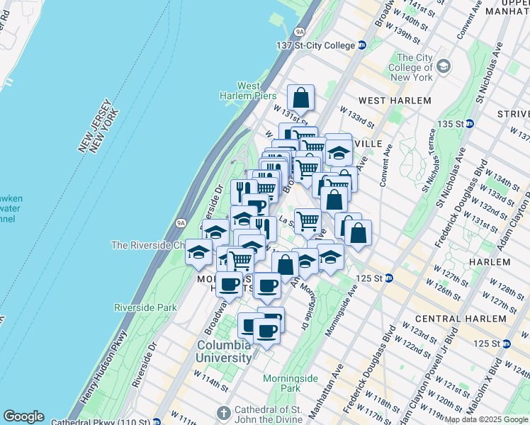 map of restaurants, bars, coffee shops, grocery stores, and more near 3117 Broadway in New York