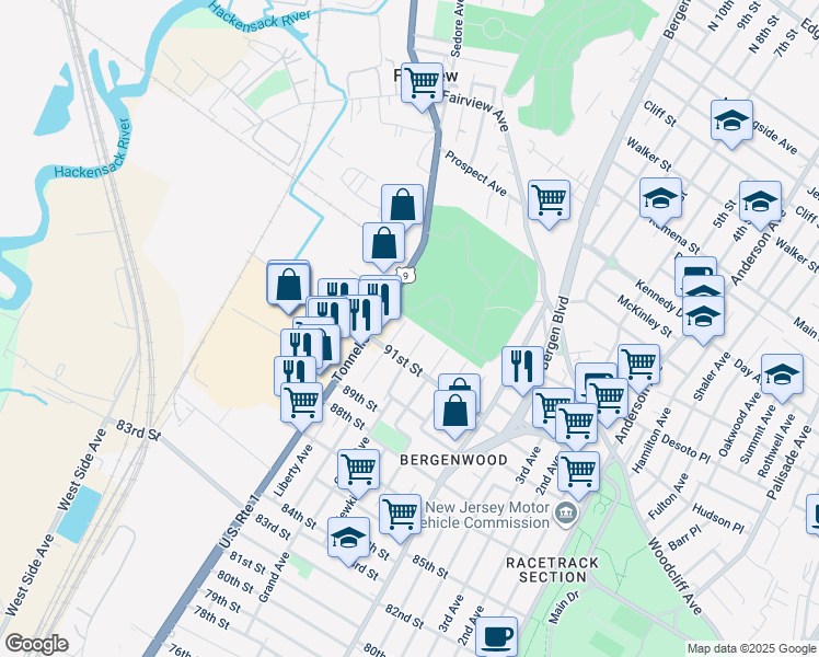 map of restaurants, bars, coffee shops, grocery stores, and more near 9125 Grand Avenue in North Bergen