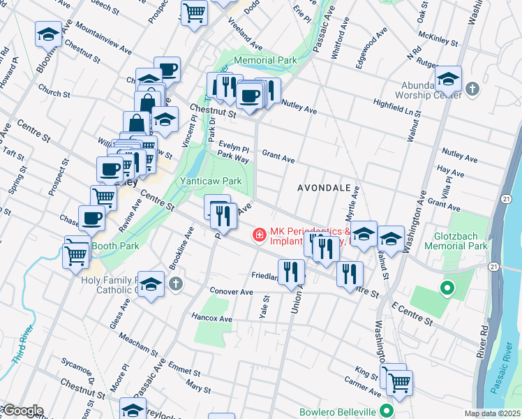 map of restaurants, bars, coffee shops, grocery stores, and more near 349 Park Avenue in Nutley
