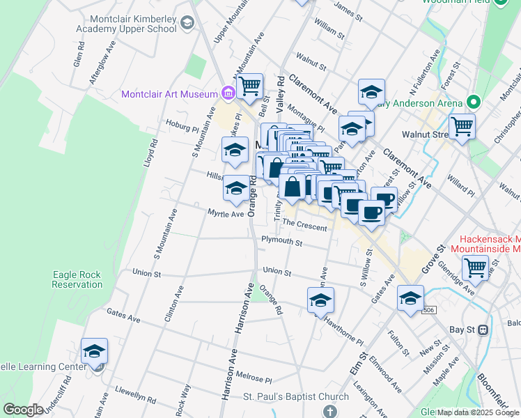 map of restaurants, bars, coffee shops, grocery stores, and more near 32 Myrtle Avenue in Montclair