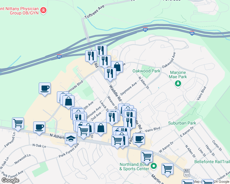 map of restaurants, bars, coffee shops, grocery stores, and more near 121 Seymore Avenue in State College