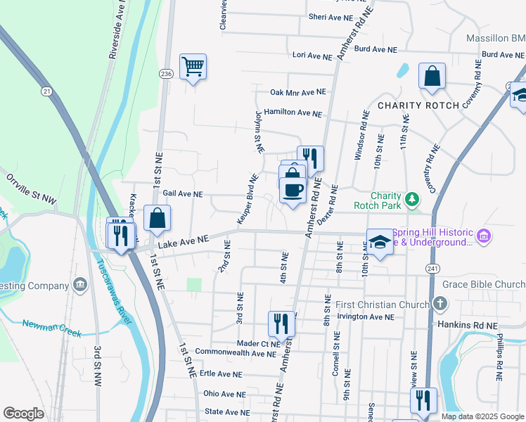 map of restaurants, bars, coffee shops, grocery stores, and more near 412 Lake Avenue Northeast in Massillon